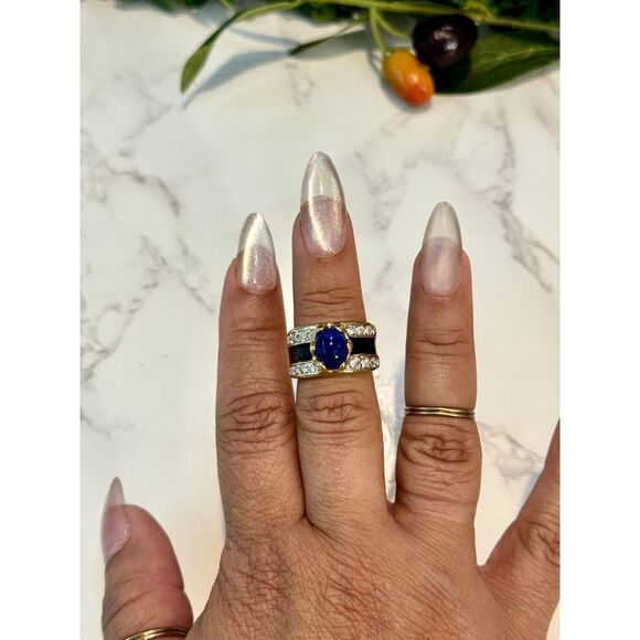 Vintage 18kt Gold Electroplated Lapis Lazuli & CZ Ring - Picture 2 of 4